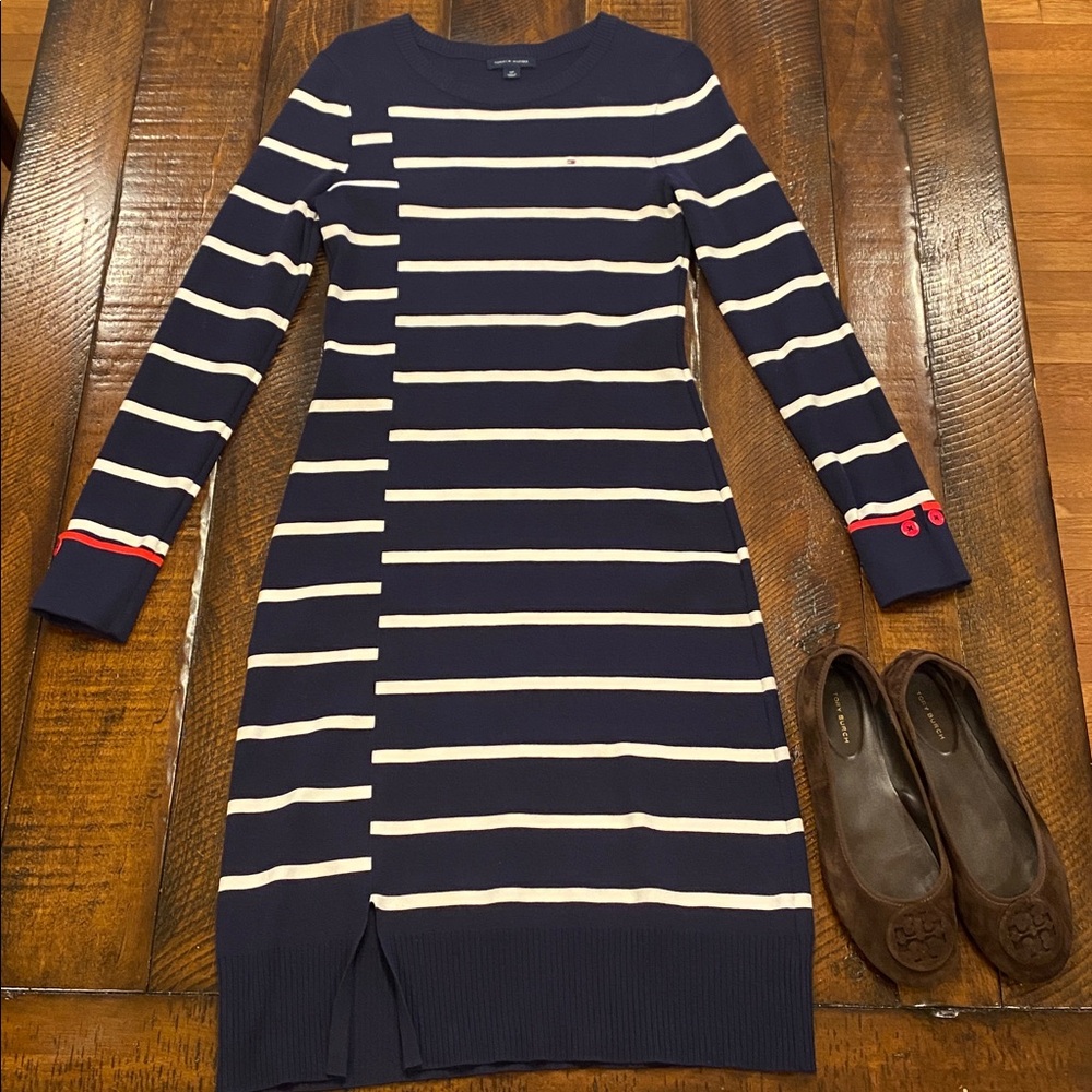 NWOT Tommy Hilfiger Midi Navy and White Striped Long Sleeve Sweater Dress
